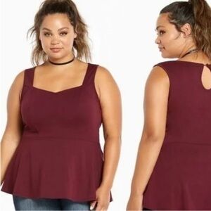 Torrid | Ponte Sleeveless Stretch Keyhole Back Peplum Top in Burgundy | size 3
